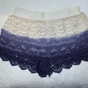 Crocheted flowy blue and cream shorts